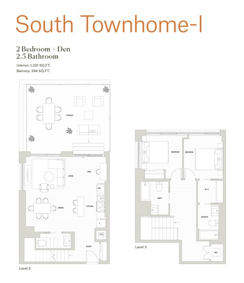Floor plan for 2 beds, 2.5 baths, 1331 sqft